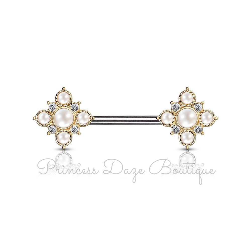 Pearl CZ Filigree Gold Nipple Ring Barbell Set